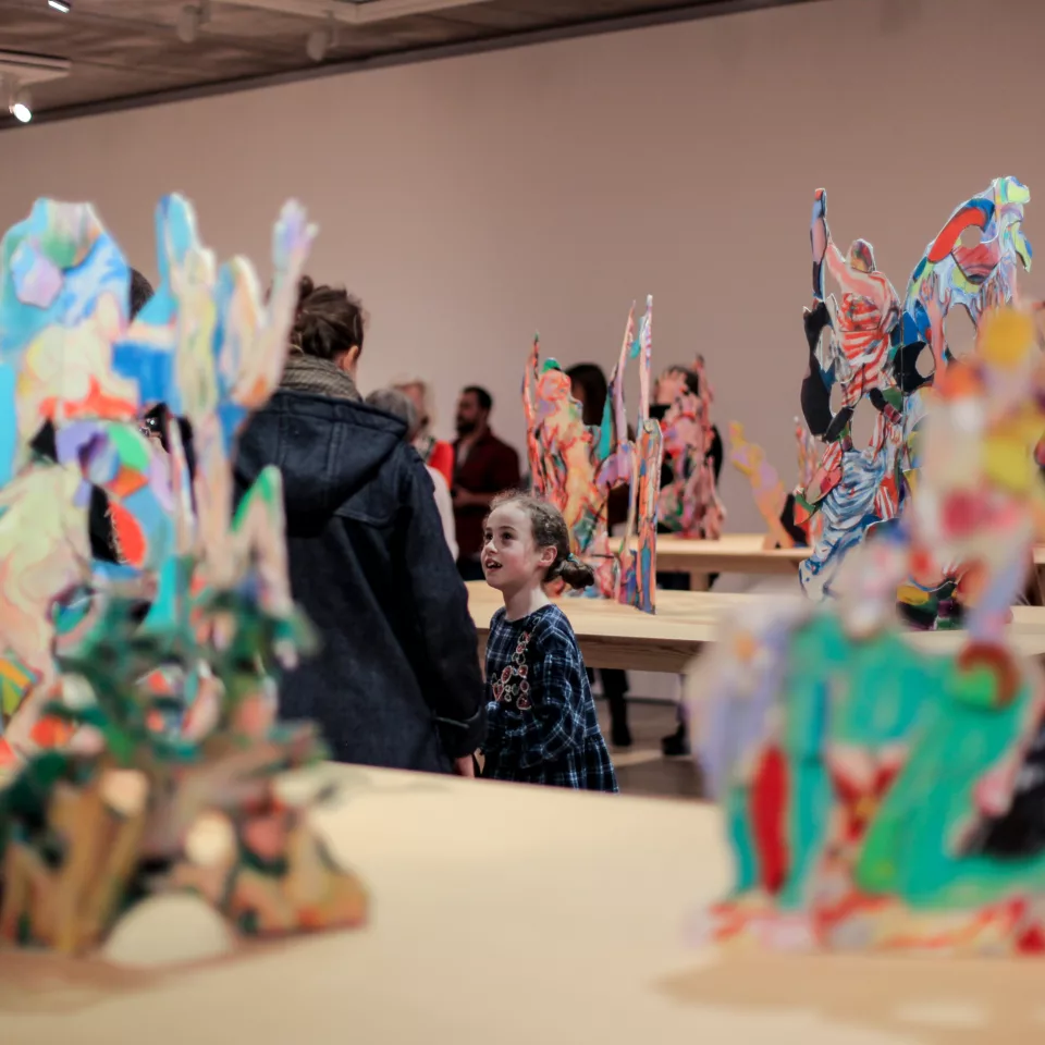 A young visitor looks at sculptures by the artist Anne Ryan